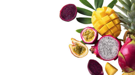 Vibrant tropical fruits like mango, dragon fruit, passion fruit, and pineapple create a visually stunning and healthy composition perfect for food, wellness, or travel themes.