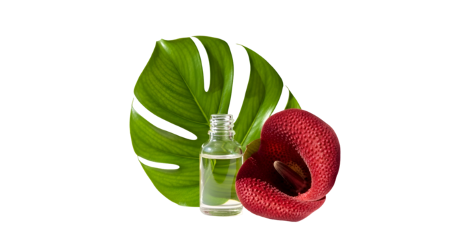 Illustrates a Monstera Leaf, a Glass Bottle and a Red Flower on Transparent Background