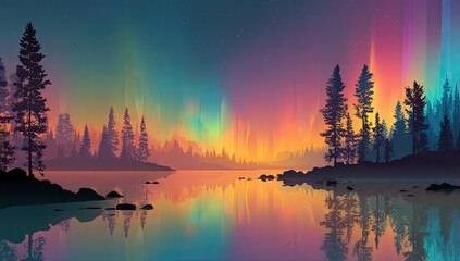 Fototapeta premium Aurora borealis over a serene forest lake