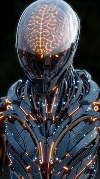 Vertical video Futuristic Robot with Artificial Intelligence Brain Glowing. Perfect for projects on technology, AI, science fiction, and machine learning.