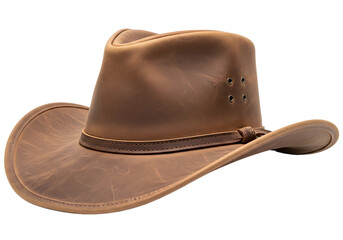 Distressed leather cowboy hat with eyelets and band isolated on a transparent background brown