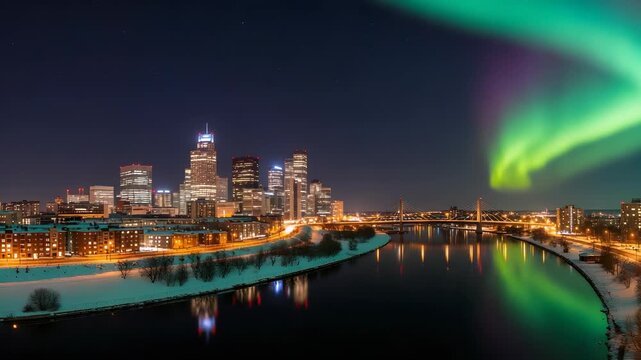 City at Night with Green Aurora Borealis Reflections in River and Buildings Lit with Warm Lights
