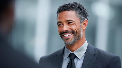 Fototapeta premium smiling businessman talking colleague office success