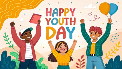 Happy youth day celebration with diverse smiling children raising hands with balloons and confetti in colorful cartoon style illustration

