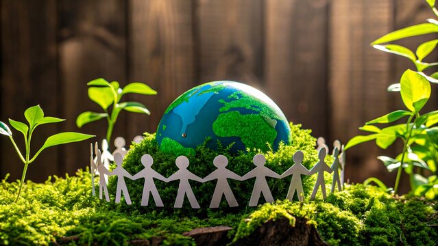 Global unity and environmental protection concept with paper people holding hands around earth on green moss with fresh plants and wooden background


