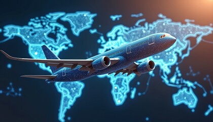 Fototapeta premium Blue airplane soars through digital world map. Modern aircraft flies over global connections, high-tech innovation. Smart air travel, logistics, future of aviation technology. Central, vibrant blue