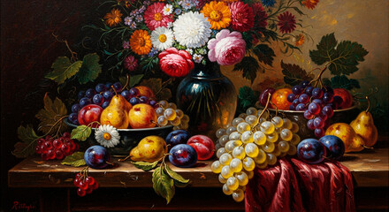 Fototapeta premium A still life painting featuring a vase of flowers and a bowl of fruit on a wooden surface with dark background