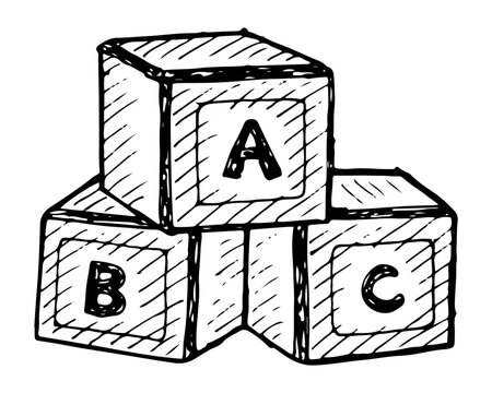 Alphabet blocks, ABC learning toy, children's education vector hand drawn.