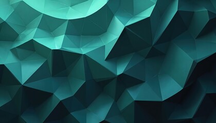 Obraz premium Dark abstract background features geometric shapes in shades of deep blue, teal, jade, petrol green. Faceted polygons with 3D effect create modern, digital texture. Line, triangle, wave motifs