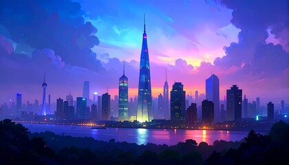 Obraz premium A vibrant digital painting of a futuristic city skyline at twilight