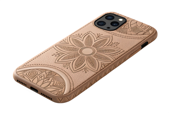 Embossed floral pattern leather phone case isolated on a transparent background image