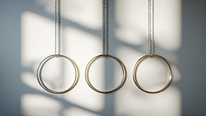 Three simple, concentric circle necklaces hang against a wall, casting shadows