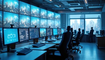 Modern control room with multiple screens displaying cityscapes, data. Ergonomic workstations, advanced technology create futuristic, organized operational environment for management, security.