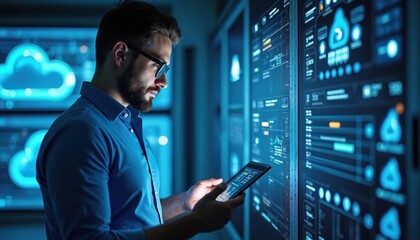 Cloud computing architect reviews AI application infrastructure in modern tech office. Man holds tablet, analyzing server data, cloud visuals on large displays. Focus on AI development, data