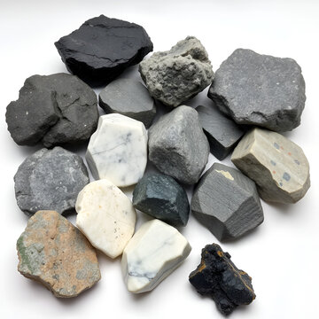 collection of different rough gray minerals e g graphite stibnite marble coal andesite sphalerite wolframite magnetite hematite pisolite bismuthinite cuprite against a white ba