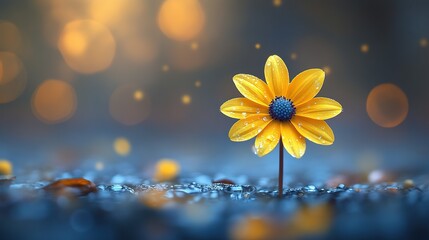 A Solitary Yellow Flower with a Blue Heart, Glistening in a Magical Bokeh Twilight