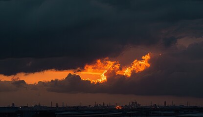 Obraz premium Fiery sunset peeking through ominous clouds over industrial landscape