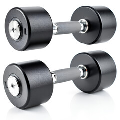 Two 1 kg dumbbells white background & reflection isolated close up, metal barbells with black handle set, pair fitness bar-bells, sport equipment, bodybuilding concept, healthy lifestyle, gym training