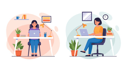 Two women focused on their laptops, working remotely from comfortable home offices. Ideal for concepts of productivity, online education, and modern digital work lifestyle.