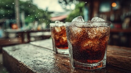 Refreshing Cola Beverages with Ice Cubes on a Rustic Wooden Surface