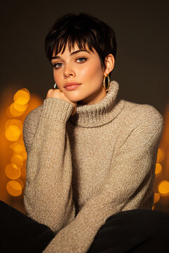model portrait pixie haircut turtleneck sweater indoor stylish woman sitting in cozy room