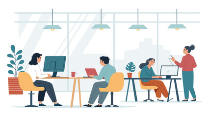 Professionals working collaboratively in a modern, bright office space, showcasing teamwork and productivity in a contemporary business environment.