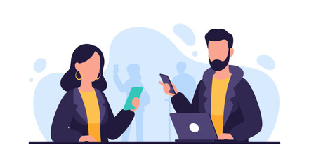 Diverse professionals using smartphones and a laptop, symbolizing digital communication, online collaboration, and modern business technology.