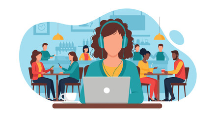 Woman with headphones working on a laptop in a bustling cafe, representing remote work, digital nomad lifestyle, and modern productivity. Ideal for business, tech, or lifestyle concepts.