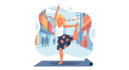 Woman practicing a yoga pose on a mat in an urban street, promoting balance, wellness, and an active lifestyle amidst city vibrancy.