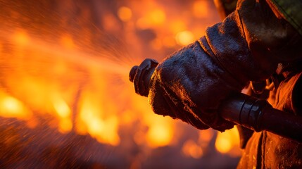 A firefighter battling a blaze with a hose, their gloved hand gripping the nozzle as water sprays against an intense fire background.