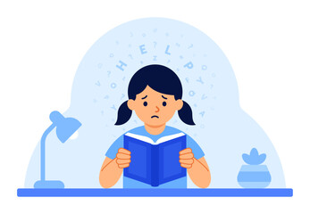 Girl struggling to read book with swirling letters symbolizing dyslexia. Word blindness, learning disability, education, mental health concept. Flat vector illustration isolated on white background