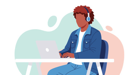 Focused person with headphones working on a laptop at a desk, ideal for remote work, online learning, or modern lifestyle concepts.