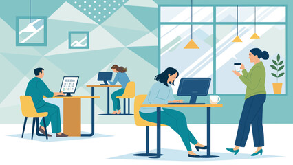 Diverse professionals working in a modern, open-plan office, depicting productivity, teamwork, and a contemporary business environment. Ideal for corporate and lifestyle concepts.