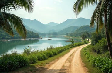 Obraz premium Beautiful tropical landscape with a serene lake, rich green hills, and a winding dirt road. Palm trees frame the scene. Small boats dot the calm water, reflecting the hazy blue sky and mountains.