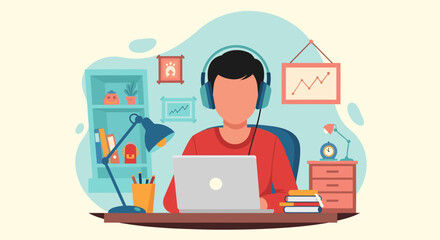 A person wearing headphones works on a laptop at a home desk, illustrating remote work, online learning, and a productive digital lifestyle.