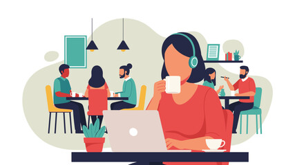 Focused woman with headphones works on a laptop in a lively coffee shop, blending modern work style with a relaxed cafe atmosphere. Ideal for remote work and freelance concepts.