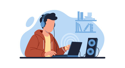 A young person in headphones uses a laptop with external speakers, ideal for remote work, online learning, or digital entertainment. Represents modern connectivity.