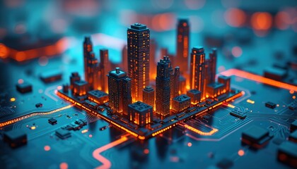 Futuristic city energy grid visualized with glowing skyscrapers on circuit board. Neon lights illuminate advanced urban infrastructure, network systems, representing smart city innovation, technology.