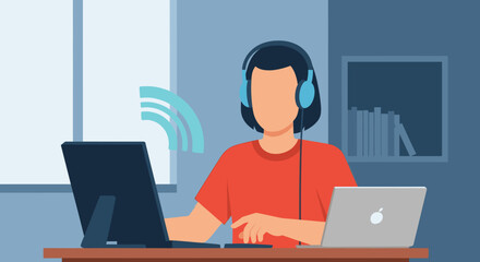 Person with headphones working remotely on multiple screens, showing modern productivity and online collaboration from a home office.