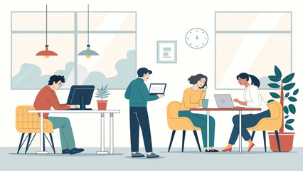 Diverse team collaborating in a bright, modern office space. Illustrates productivity, teamwork, and contemporary business environments for various commercial uses.