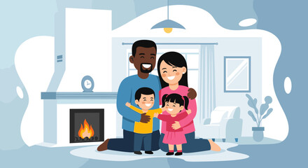Happy diverse family enjoying quality time together in their cozy living room, symbolizing love, togetherness, and secure home life.