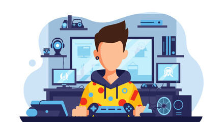 Young person deeply engaged in online gaming or streaming at a multi-screen home setup, illustrating modern digital entertainment and lifestyle.