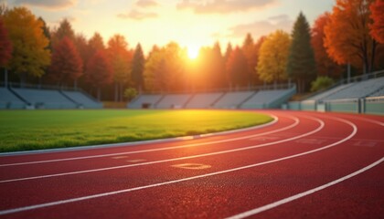 Autumn sunrise illuminates stadium track with vibrant orange, yellow foliage framing scene. Running lanes curve around green field. Warm morning light creates dynamic atmosphere for athletic