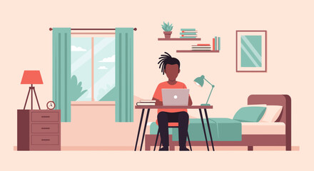 Young person with dreadlocks works on laptop at desk in a cozy bedroom. Ideal for remote work, studying, or comfortable home productivity.