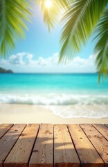 Fototapeta premium Wooden table foreground on tropical beach. Blurred ocean waves, palm leaves background. Sunny blue sky, white sand shore. Natural scene for product display, summer vacation themes.