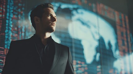A confident businessman stands before a digital world map, symbolizing global strategy and international opportunities in modern commerce.