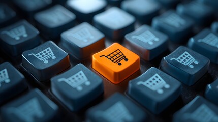 Orange key with a shopping cart icon surrounded by blue keys with the same icon, representing an online shopping concept.