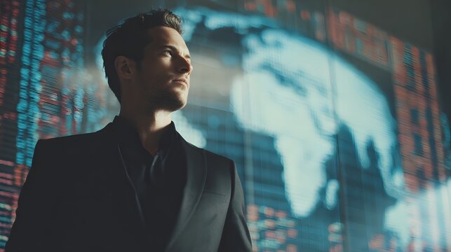 A confident businessman stands before a digital world map, symbolizing global strategy and international opportunities in modern commerce.