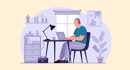 Man in headphones working productively on a laptop at a home office desk, illustrating remote work, online learning, or digital productivity.
