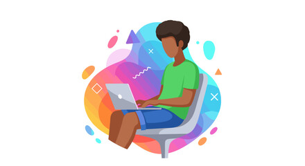 Young person using laptop in a dynamic abstract setting. Represents remote work, online learning, productivity, and digital lifestyle concepts.